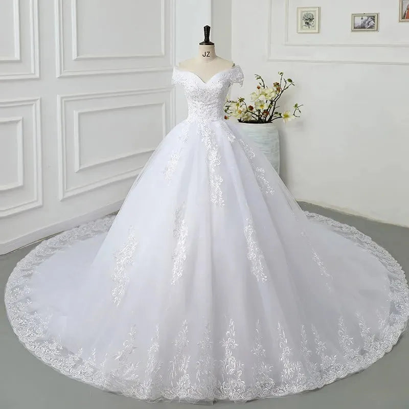 Pretty Off The Shoulder Lace Wedding Dress Wedding Gown Vintage Appliques Beading Bridal Dresses Plus Size Ball Gown Trouwjurk