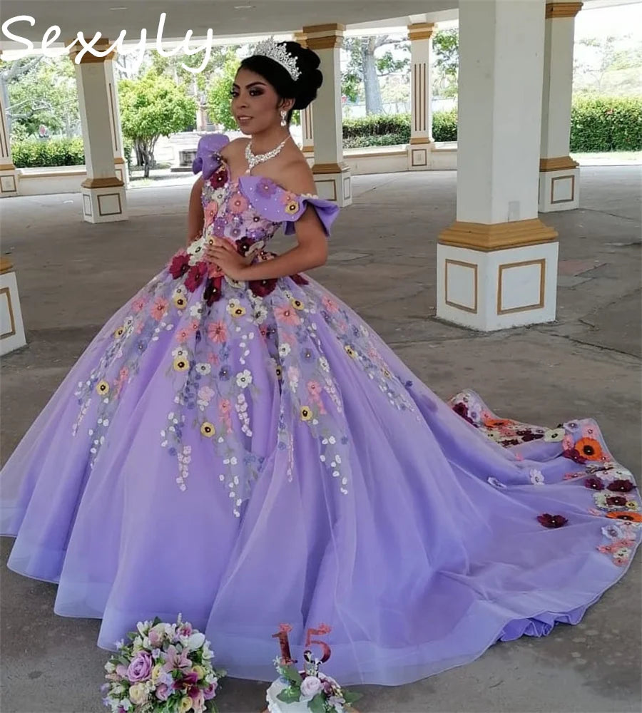 Fairy Lilac Quinceanera Dresses Off Shoulders Colorful Flowers Princess Vestido De 15 Años Debutante Charro Sweet 16 Customized