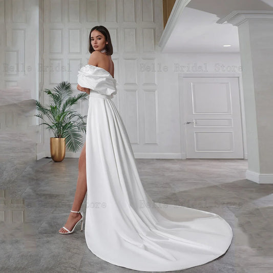 Elegant Off the Shoulder Short Wedding Dresses Sleeveless Mermaid Bridal Gowns Detachable Sweep Train Vestidos De Novia