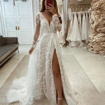 Gorgeous V Neck Long Sleeves Wedding Dresses Lace Applique Bride Gowns Sexy Split Tulle A Line Sweep Train Vestidos De Novia White
