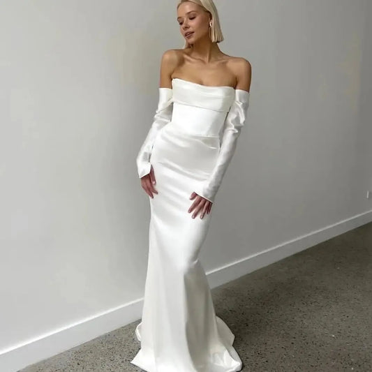 Simple Wedding Dress Sweethart Mermaid Long Sleeves Floor Length Ivory Satin Bridal Gowns Stunning Customize To Measures Robe White