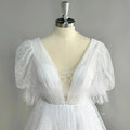 Puff Sleeves Sparkly Tulle Mini Short Wedding Dress V Neck Backless Above Knee Shiny Bridal Gown