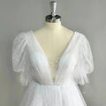 Real Photo Puff Sleeves Sparkly Tulle Mini Short Wedding Dress V Neck Backless Above Knee Shiny Bridal Gown