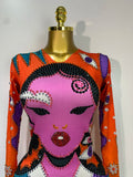 Women Sexy Long Sleeve Cartoon Print Short Dress Nightclub Performance Stage Costume Celebrity Evening Party Birthday Dress