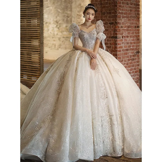 Luxury Wedding Dress 2023 New Short Sleeve Embroidered Tulle Ball Gown Wedding Gowns Shinny Princess