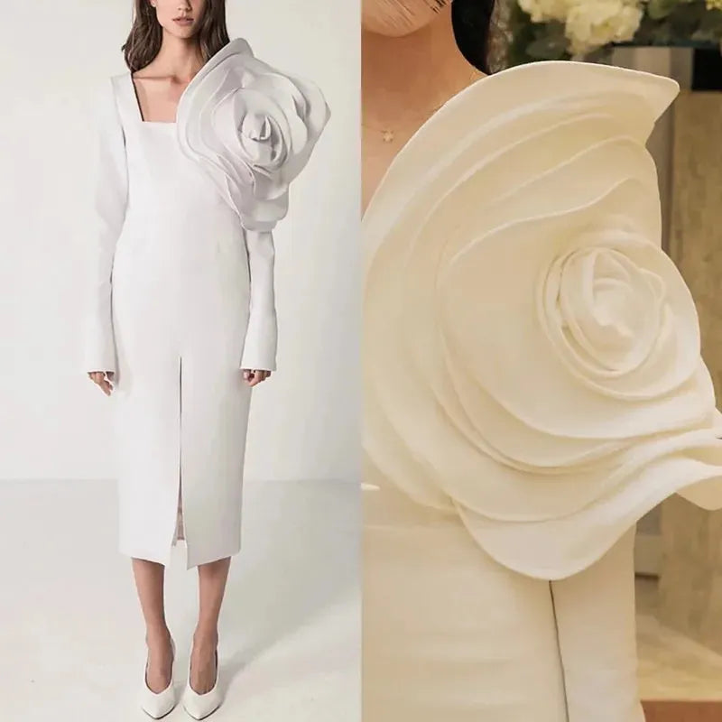 Vintage White Mermaid Prom Dresses Pleat 3D Flower Evening Dresses Square Neck Tea-Length Long Slit Prom Gown Red