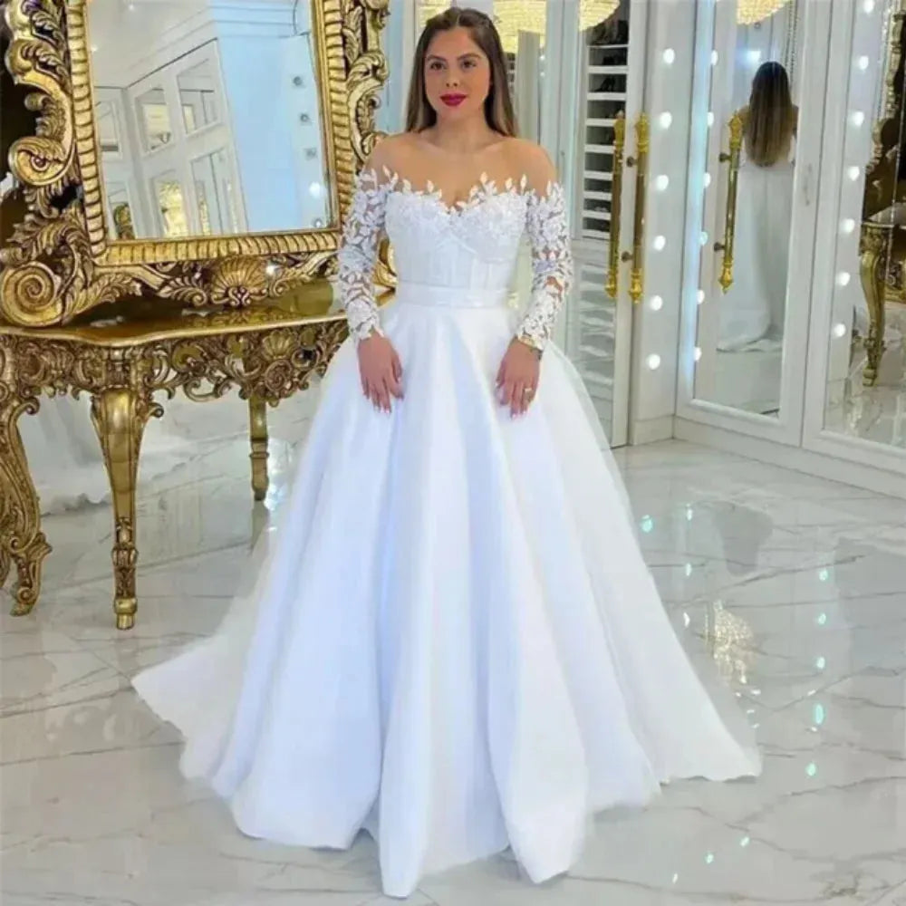 Plus Size Simple Satin Off Shoulder Long Sleeves Wedding Dresses Appliques Sweetheart Neck Bridal Gowns Custom Robe De Mariée