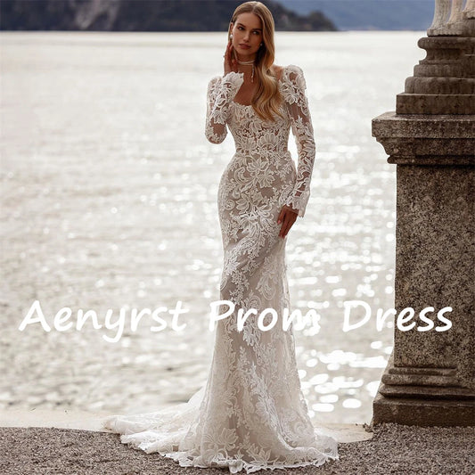 Aenyrst Elegant Long Sleeves Appliques Wedding Dresses Lace Mermaid Backless Floor Length Bridemaid Gowns Luxury فستان الزفاف