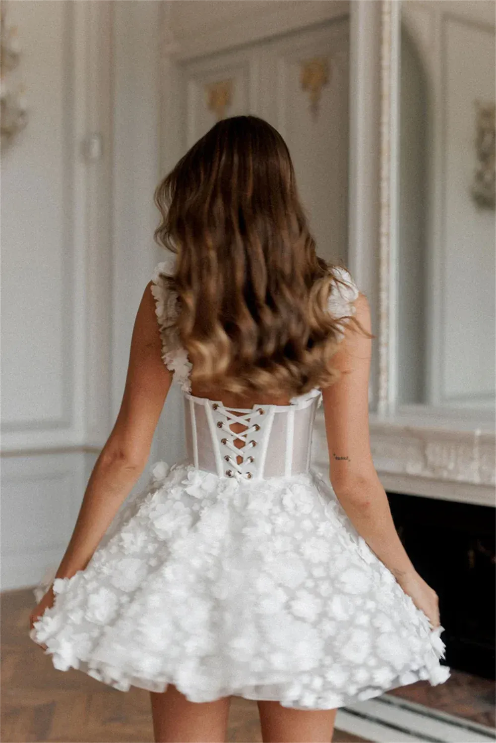 Amanda White Mini Prom Dresses Flower Lace Embroidery Evening Dress Sleeveless Lace-up Spaghetti Strap Party vestidos de fiesta