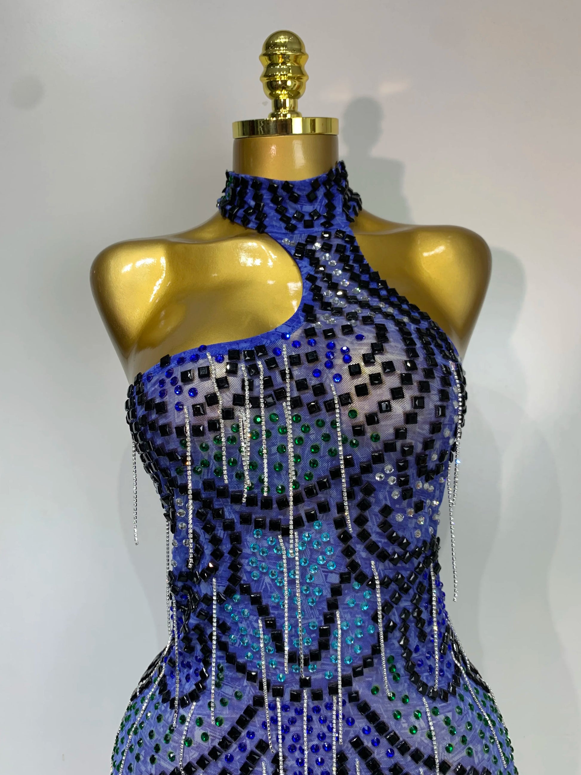 Sexy Sparkly Rhinestones Chains Blue Mesh Mini Dress 2025 New Women Party Celebrate Birthday Dresses Photo Shoot Stage Outfit