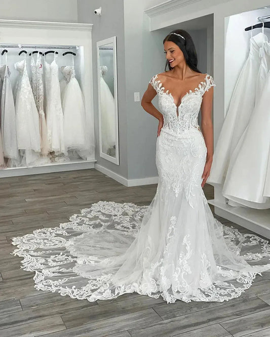 Exquisite Lace Mermaid Ivory Wedding Dresses Cap Sleeves Deep V Neck Appliqued Boho Bridal Gowns vestidos de novia