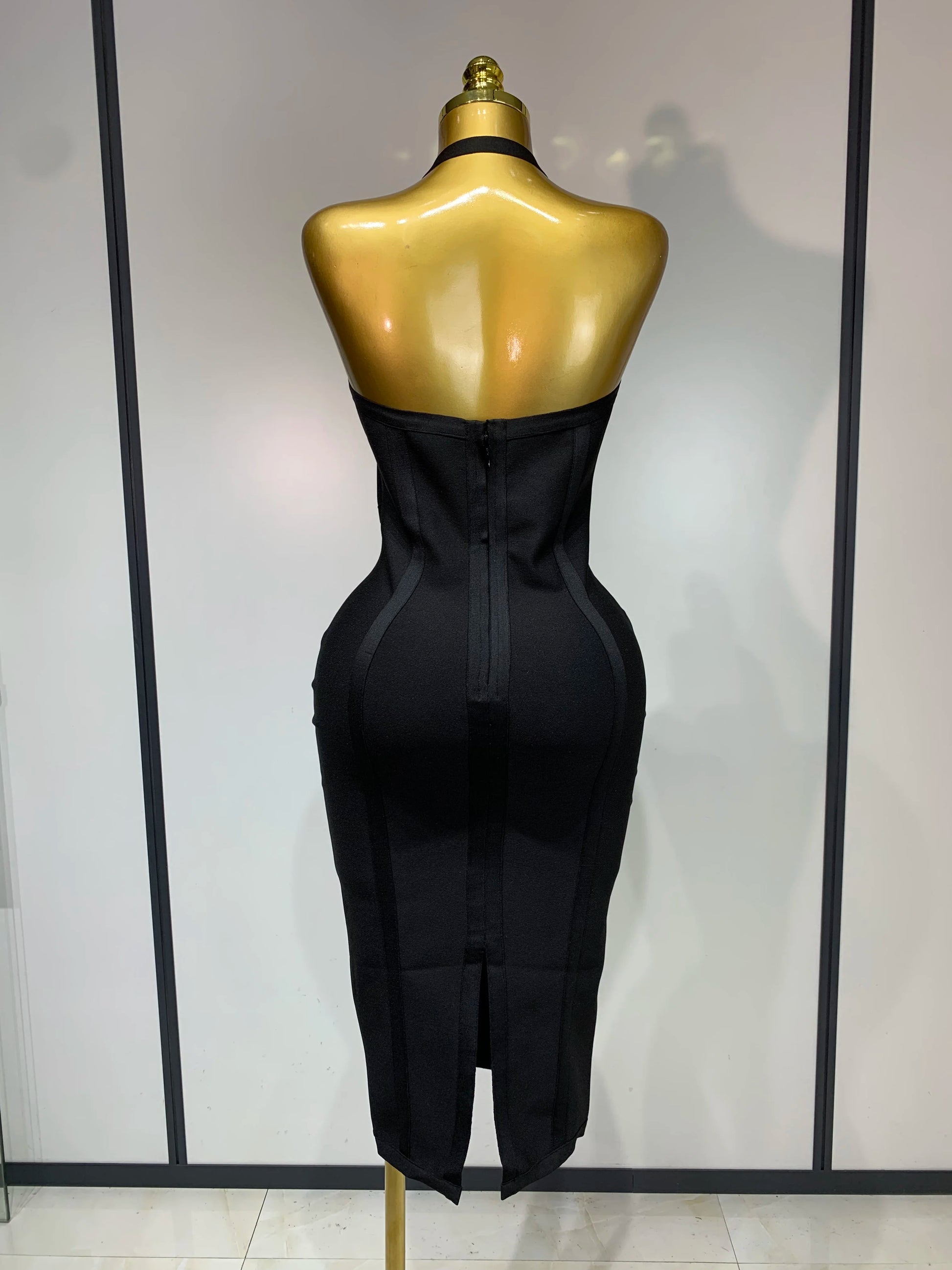Women Sexy Elegant Spaghetti Strap V Neck Black Midi Bodycon Bandage Dress Nightclub Evening Party Luxury Birthday Dress