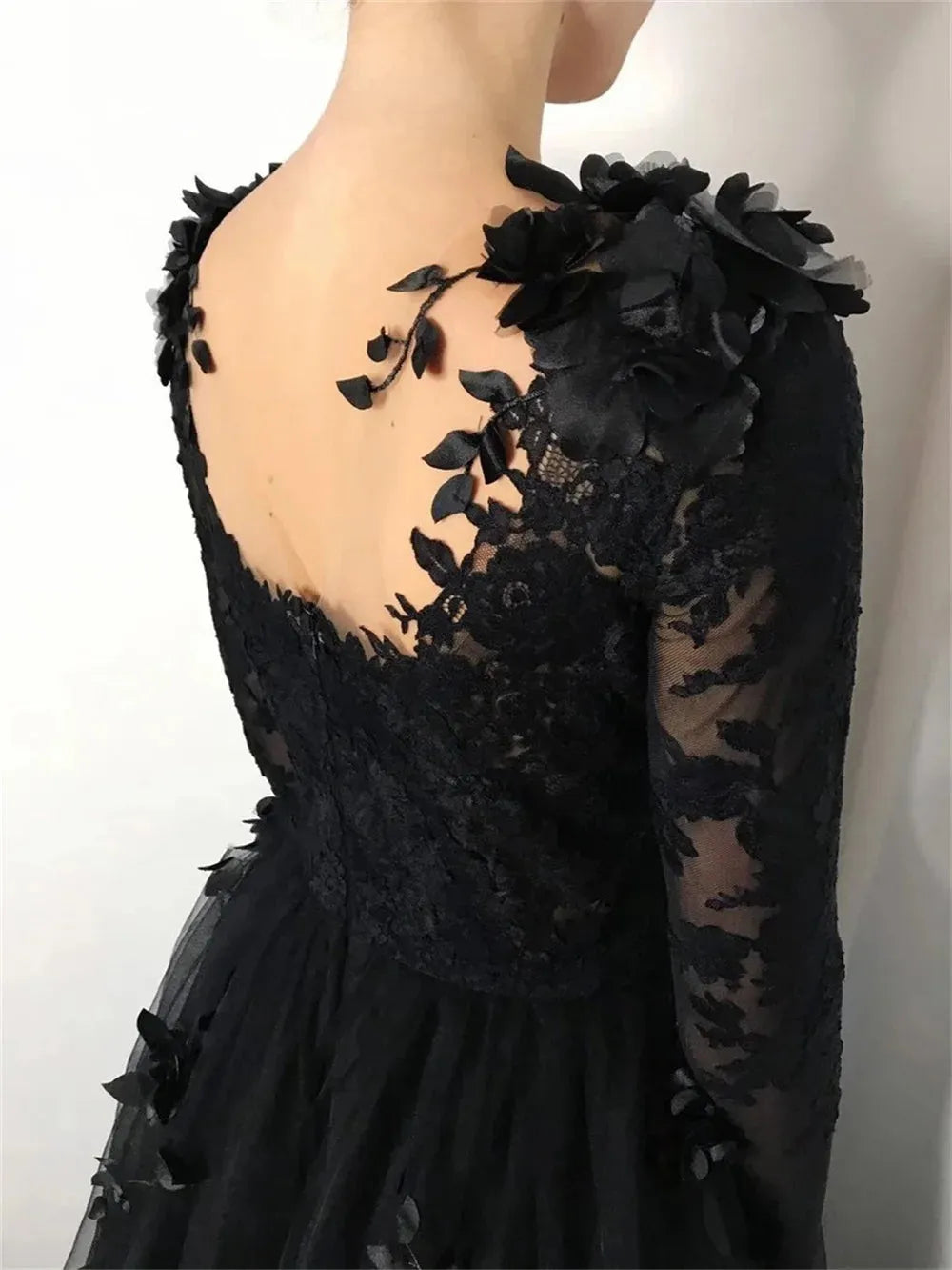 Luxury Lace Embroid Prom Dress Sexy Long Sleeve A-line Black 3D Flower Embroid Vestidos De Noche