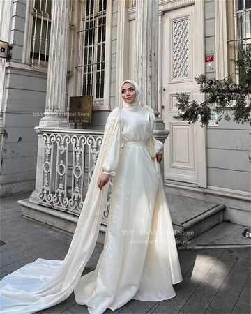 Elegant Muslim Wedding Dresses Long Sleeves Bride Dress with Cape Robe De Mariée Dubai Formal Prom Party Gowns Customized