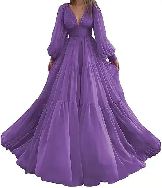 Long Puff Sleeves Prom Dresses V-Neck Pleats Chiffon Princess Evening Gowns Women Party Dress Plus Size Purple