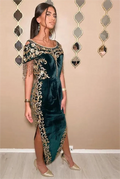 Green Traditional Algerian Dress Mermaid Scoop Neck Lace Appliques Tassel Side Slit Ankle Length Formal Prom Gowns