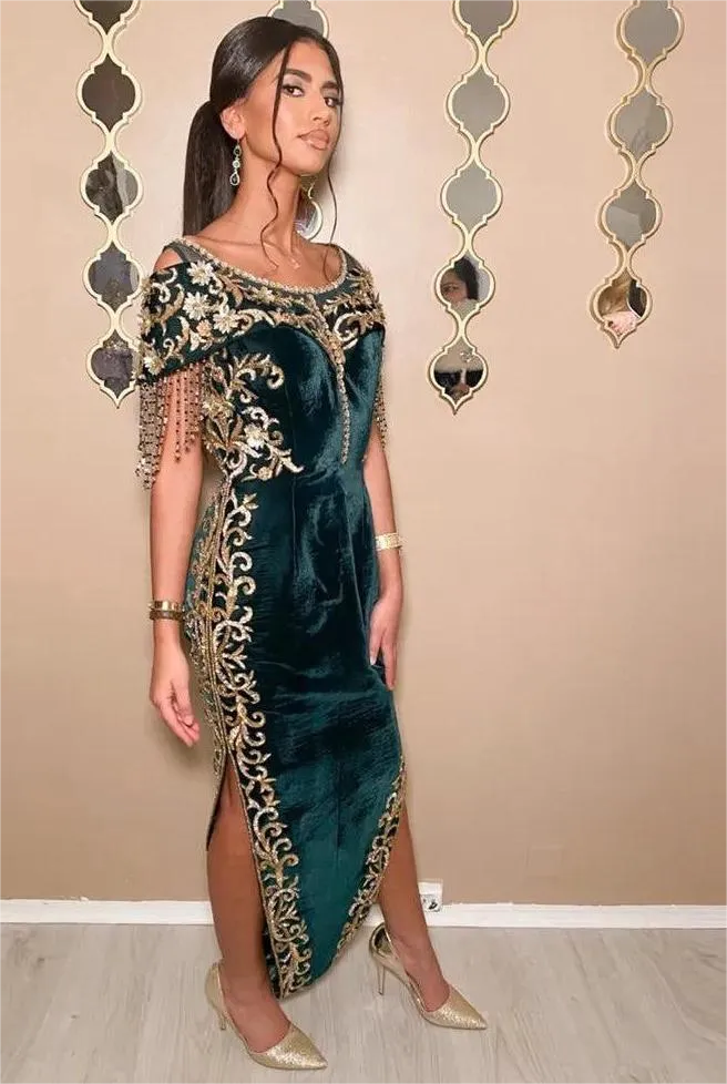 Green Traditional Algerian Dress Mermaid Scoop Neck Lace Appliques Tassel Side Slit Ankle Length Formal Prom Gowns