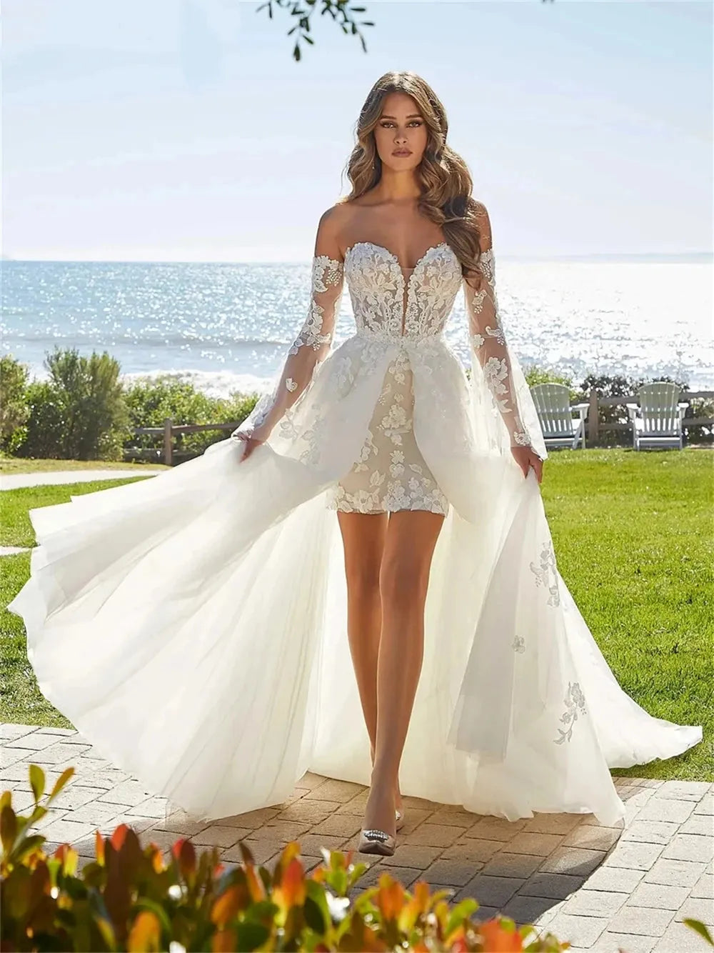 Elegant Appliquéd Boho Wedding Dress Graceful Tulle Bride Gown Graceful Strapless Bride Robe Vestidos De Novia Beige