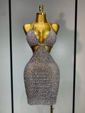 Sparkly Luxury Crystal Rhinestones Sexy Backless Bodycon Dress Women Singer Stage Outfit Celebrity Elegant Birthday Costume Silver