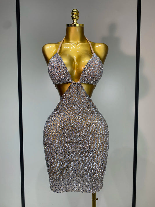 Sparkly Luxury Crystal Rhinestones Sexy Backless Bodycon Dress Women Singer Stage Outfit Celebrity Elegant Birthday Costume Silver