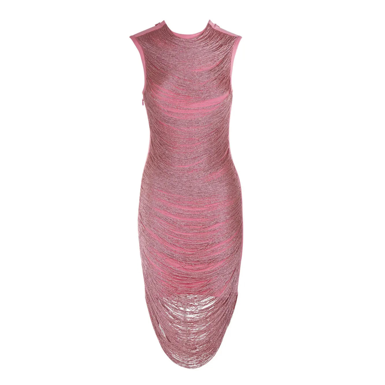 2024 Elegant Women's Tassel Bandage Dress O-neck Sleeveless Bodycon and Knee Dress Celebrity Cocktail Evening Club Party Vestido Pink