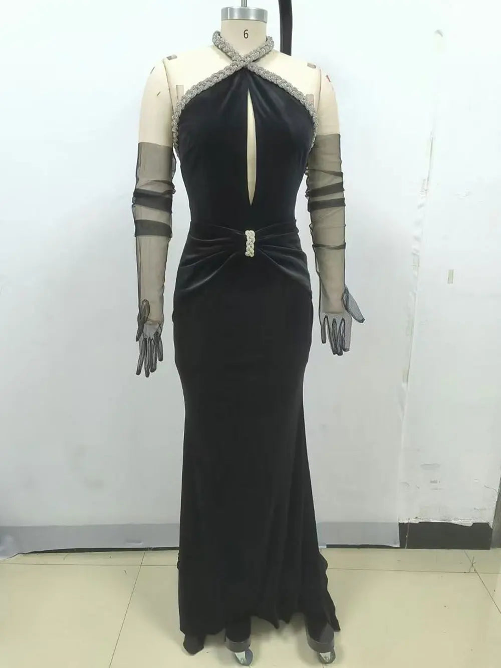 2024 Sexy Christmas Tailcoat And Floor Dress Women Hanging Neck Rhinestone Glove Design Hollowed Out Backless Long Dress Vestido