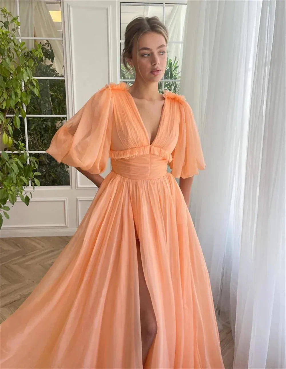 Orange Tulle Prom Dresses V-neck A-line Wedding Dress Elegant Half Sleeves Floor-Length Side High Split Vestidos De Fiesta