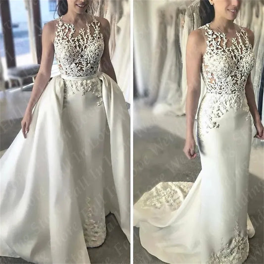 O-Neck Wedding Dress Lace Applique Beads 3D Floral Mermaid Satin Detachable Court Train Custom Zipper Or Lace-Up Back Bride Gown
