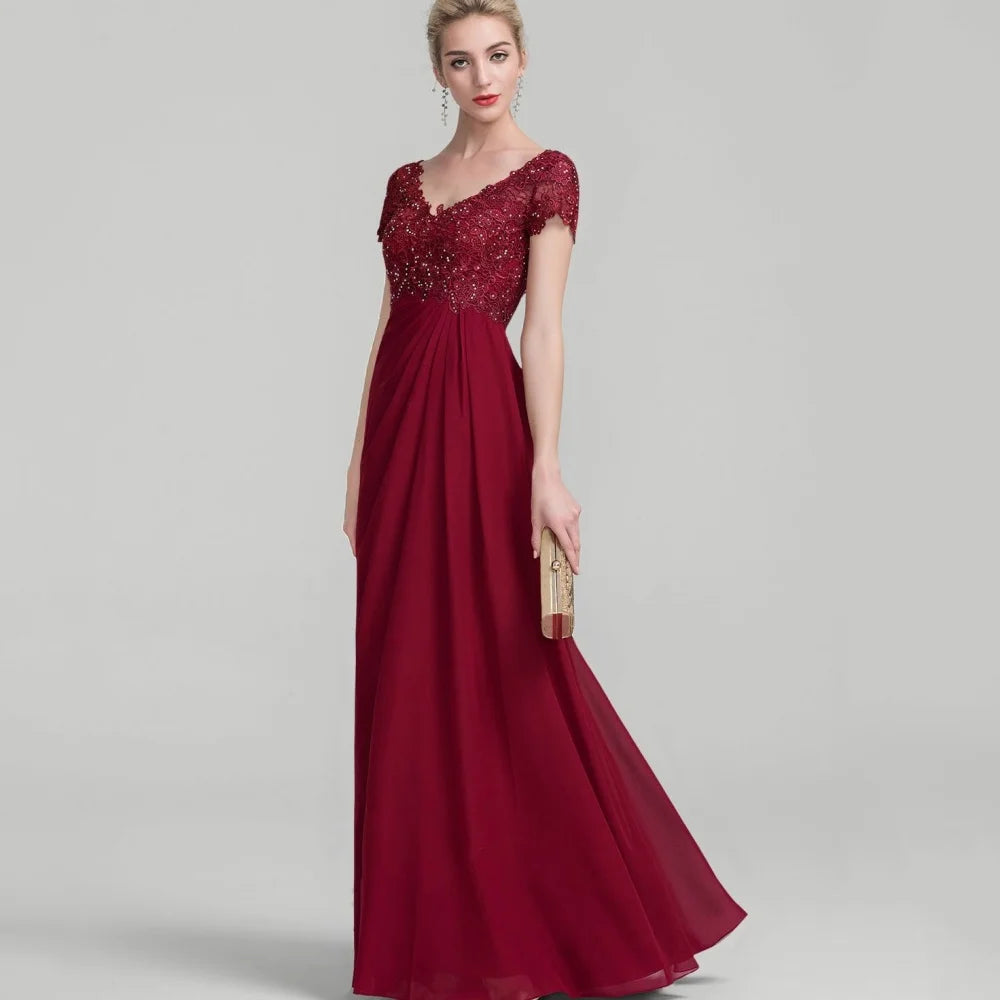 Formal V Neck Customized Mother Dresses A Line Bride Party Dress Lace Short Sleeve Occasion Gown Elegant robes invitée mariage
