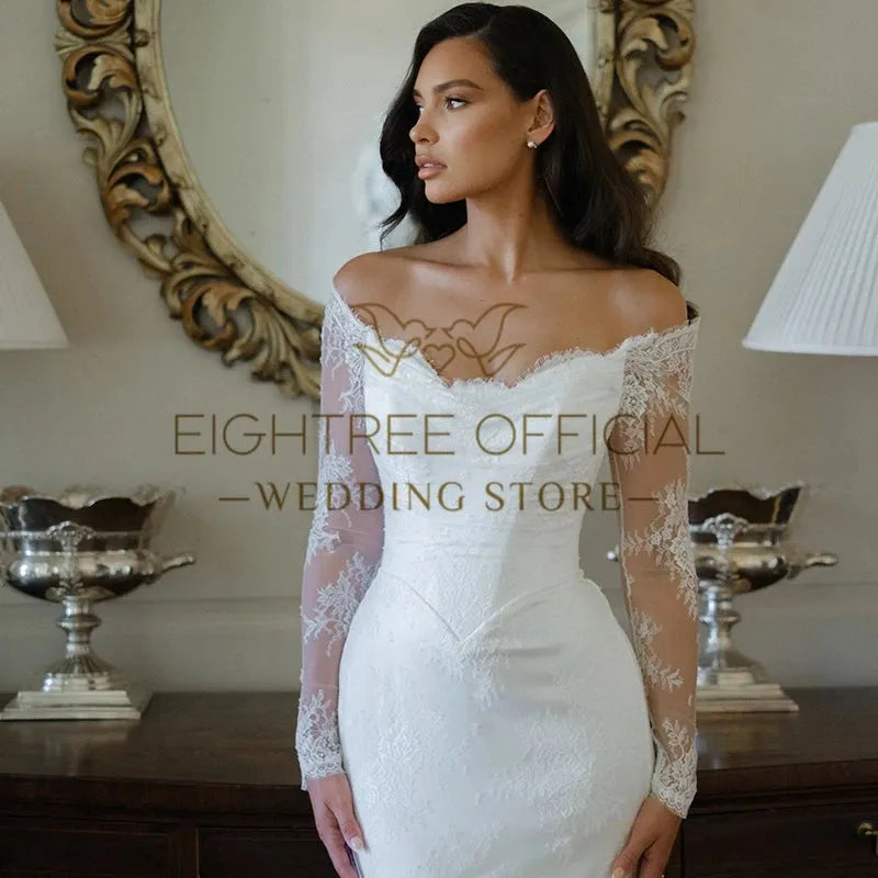 Women Mermaid Wedding Dresses Off The Shoulder Long Sleeve Lace Bride Dress Boho Beach Wedding Prom Gowns Custom Size