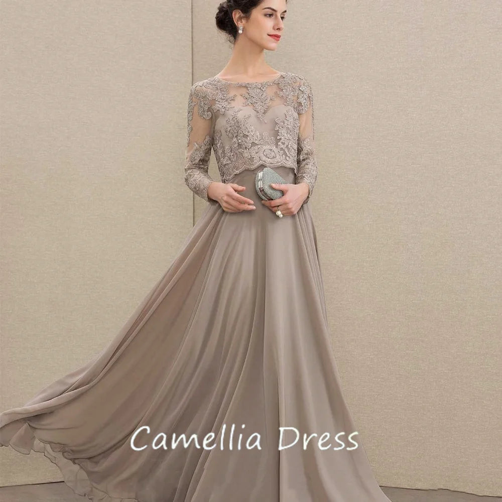 Customized Elegant A Line Chiffon Mother of Bride Dresses Long Sleeve Formal Evening Gowns Lace Bridal Party Dress