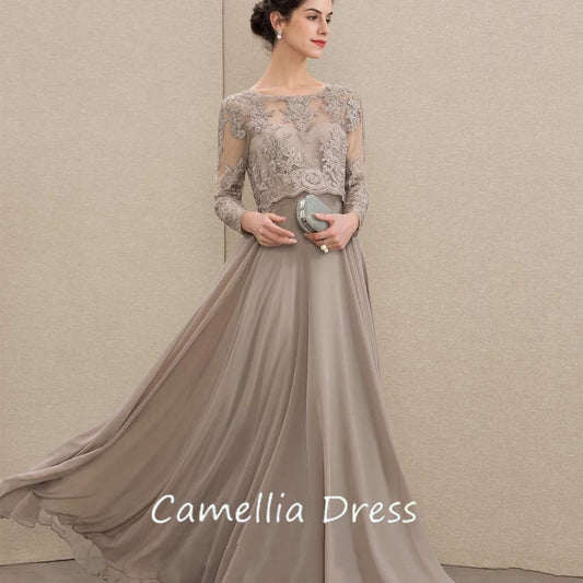 Customized Elegant A Line Chiffon Mother of Bride Dresses Long Sleeve Formal Evening Gowns Lace Bridal Party Dress