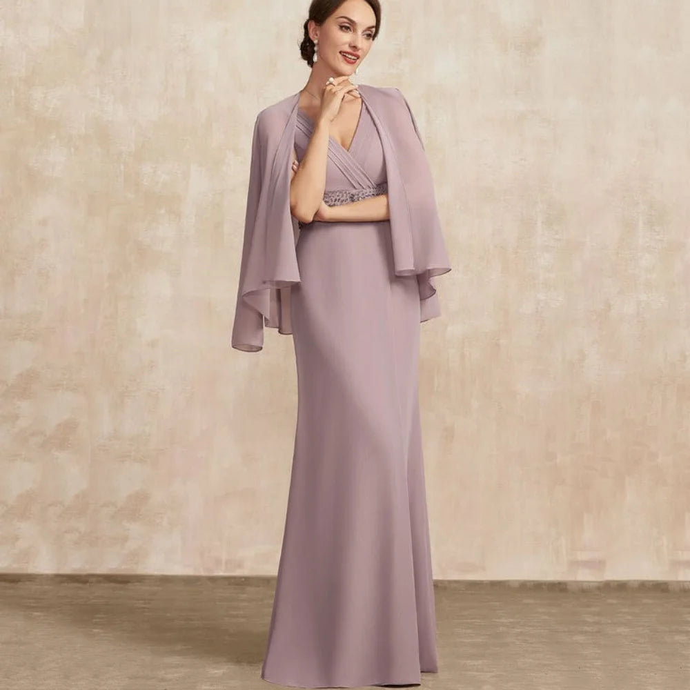 Mother Of The Bride Dress - V Neck Customized Mother Dress Chiffon Elegant Mermaid Long Sleeves Bridal Party Gowns Crystal Formal Occasion Bridal Dresses