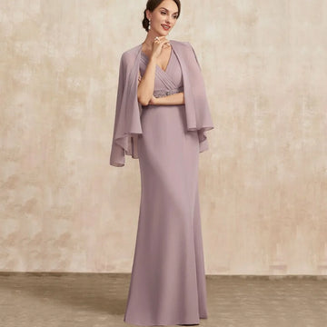Mother Of The Bride Dress - V Neck Customized Mother Dress Chiffon Elegant Mermaid Long Sleeves Bridal Party Gowns Crystal Formal Occasion Bridal Dresses