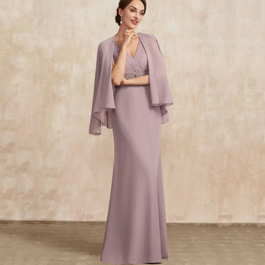 Mother Of The Bride Dress - V Neck Customized Mother Dress Chiffon Elegant Mermaid Long Sleeves Bridal Party Gowns Crystal Formal Occasion Bridal Dresses