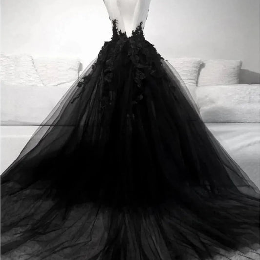Black Sleeveless A-line Prom Dress Gothic Side Split Vestidos De Noche 3D Lace Embroidery Prom Dress Black Wedding Dress