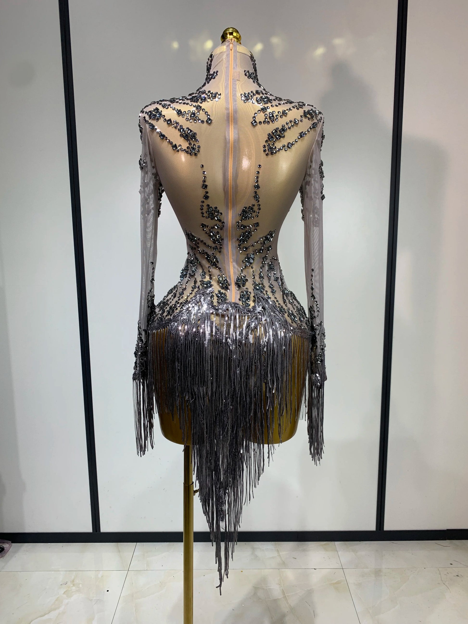 Women Sexy Long Sleeve Diamond Tassel Dress Nightclub Performance Stage Costume Celebrity Evening Party Luxury Birthday Dress