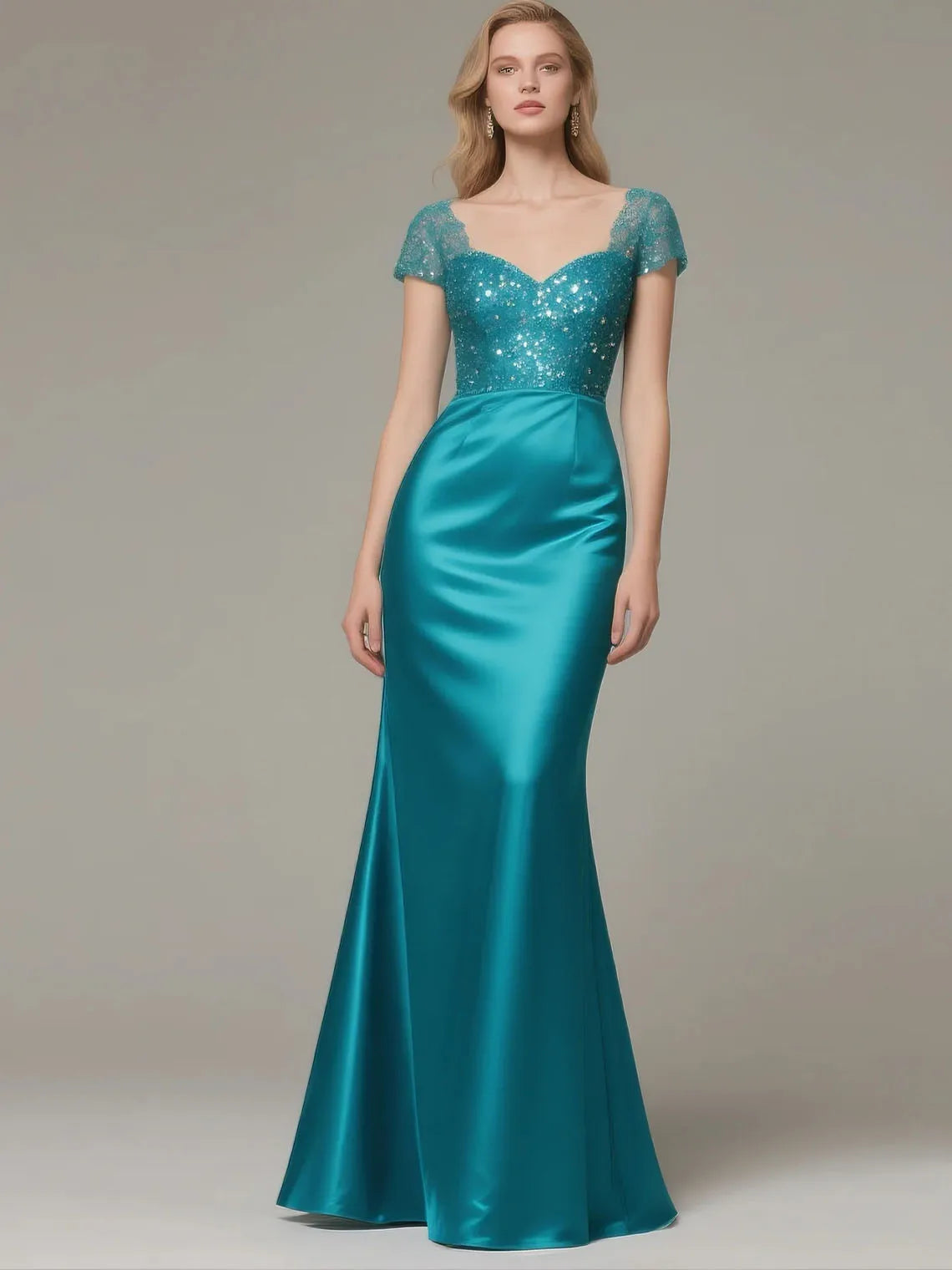 Mother Of The Bride Dress - Elegant Satin Mother of the Bride Dress Short Sleeves Appliques Sequin Luxury Formal Long Evening Gown 2025 Free Customized Blue