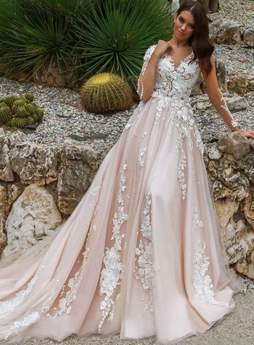 Women Luxury Wedding Dresses V-Neck Illusion Long Sleeves 3D Flower A-Line Princess Prom Dress Bride Gown Vestido De Novia As Picture