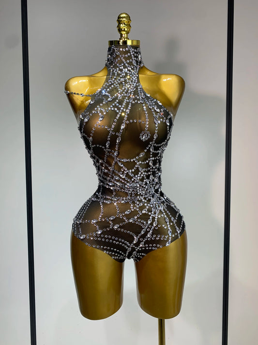 Sparkly Diamond Sexy Mesh See Through Stretch Bodysuits Women Evening Party Birthday Nightclub Bar Gogo Dancer Stage Costume bodysuit
