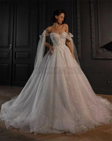 Shiny Glitter Tulle Wedding Dresses Vintage Boho Bride Gowns Lace Beads Off Shoulder Princess Wedding Gowns Vestidos Novia White