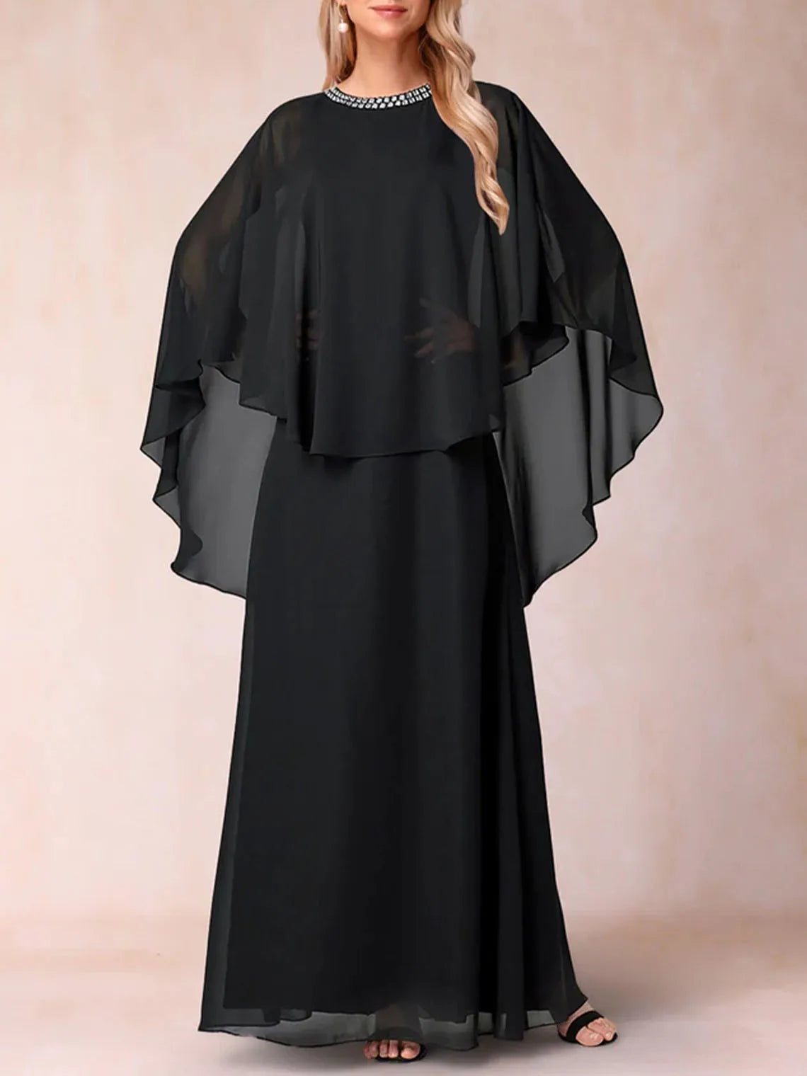 Elegant A-Line Long Evening Dress Chiffon Ruched Shawls Scoop Neck Floor-Length Mother of the Bride Dress 2025 Free Customized Black CHINA