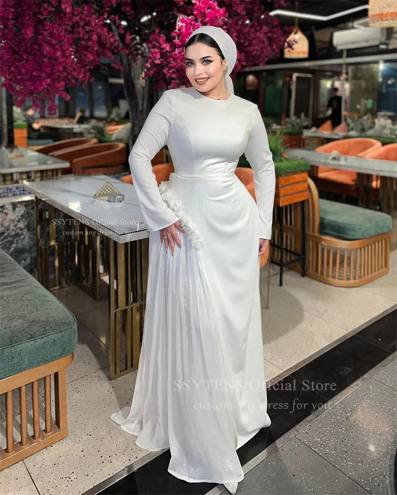 Elegant White Long Wedding Evening Dresses Muslim Long Sleeves Dubai Guest Party Dresses Customized Saudi Bridal Prom Gowns