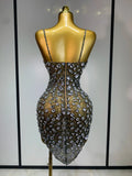 Luxury Diamond Mesh See Through Stretch Bodycon Dress Women Sexy Sleeveless Evening Party Birthday Celebrate Perform Costume