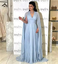 Baby Blue Chiffon Saudi Arabia Long Prom Dresses Cape Sleeves Formal Evening Party Dress Dubai Women Party Gowns