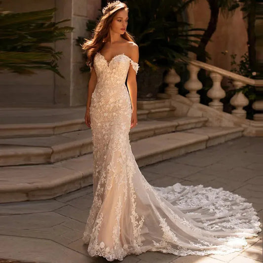 Sexy Mermaid Lace Wedding Dresses Sweetheart Off The Shoulder Bride Gowns With Train Backless Button Robe De Mariée As Picture
