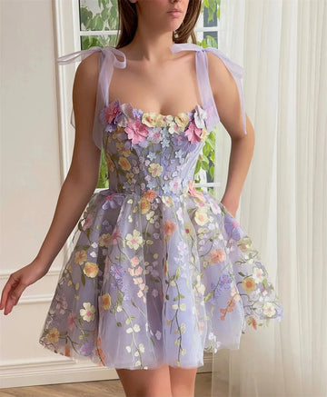 Sansa Lavender Sweetheart Sleeveless Tulle Prom Dress 3D Flower Lace Embroidery Vestidos De Noche Mini Tulle Wedding Dress