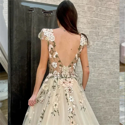 Princess Flower Lace A-line Prom Dresses Sweet Embroidery A-line Evening Dress Light Champagne Vestidos De Fiesta