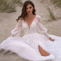 Bella White Tulle Prom Dresses Lace Embroidery A-line Wedding Dress Elegant Long Sleeves Floor-Length Vestidos De Fiesta