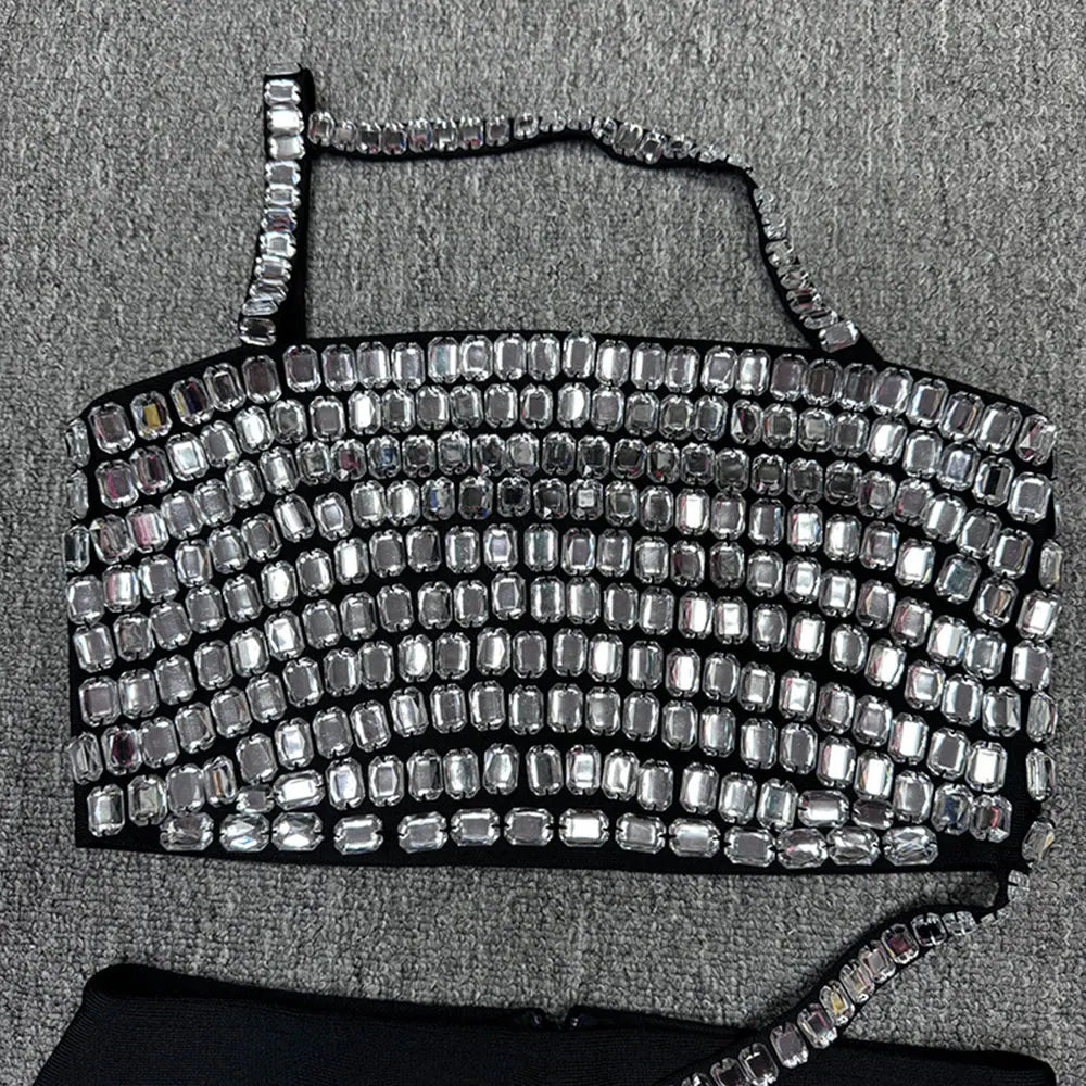 2025 Spring Sexy Women's Nail Bead Design Bandage Dress Slant Collar Sleeveless Waist Design Bag Hip Mini Dresses Party Vestidos